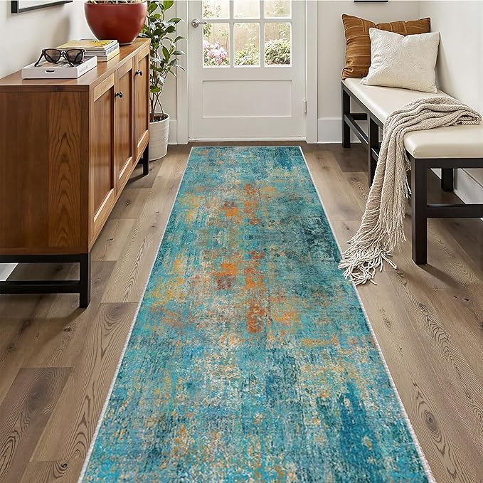 Washable Area Rugs 2'x10' Non-Slip Modern Abstract Soft for Living Room Entryway Bedroom Nursery, Print Pattern, Teal Blue Green Orange Rust Red Colorful