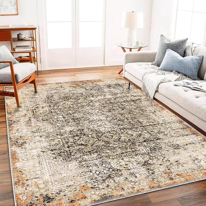 5'x7' Washable Area Rug Vintage Traditional Floor Cover Foldable Thin Kitchen Accent Indoor Distressed Non Slip Carpet Floral Print Mat for Bedroom Living Room Bathroom