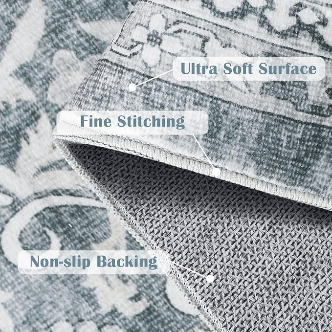 jinchan Hallway Runner Rug 3x7 - Machine Washable Grey Vintage Floral Distressed Design Soft Non-Slip Low-Pile Ultra-Thin Runner Rug for Kitchen Laundry Room Bedroom Farmhouse (3‘x8',Grey)