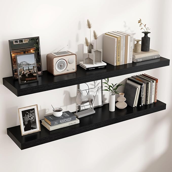 Floating Shelves - 2 Large Wall Mounted Shelves with Invisible Brackets, Long Wood Floating Wall Shelf for Living Room, Bedroom, Kitchen (Black, 48" W x 9" D x 1.5" H)