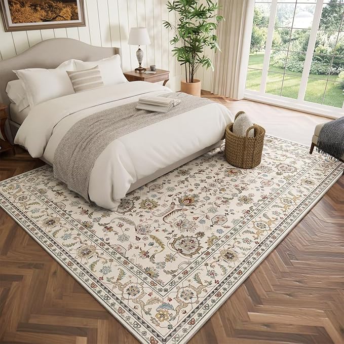 Washable 5x7 Area Rugs for Living Room, Boho Non-Slip Silicone Backing Rugs for Bedroom Dining Room Nursery Office, 0.3" Neutral Oriental Throw Carpet with 0.16" Cushioning Pad, Light Beige/Multi