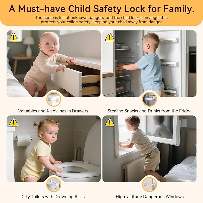 2 Pack Cabinet Locks/Refrigerator Locks Baby Proofing - Child Proof Locks for Drawer, Refrigerator, Fridge, Toilet Seat-No Screws or Tools Required (2 Pack-Grey Locks)