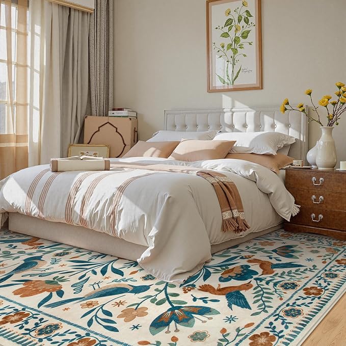 Moynesa Boho Bird Area Rugs 8x10 Rugs for Living Room, Low-Pile Soft Jungle Floral Bedroom Rug Washable Rugs 8x10, Beige Rug Indoor Floor Carpet for Nursery Playroom Dining Room