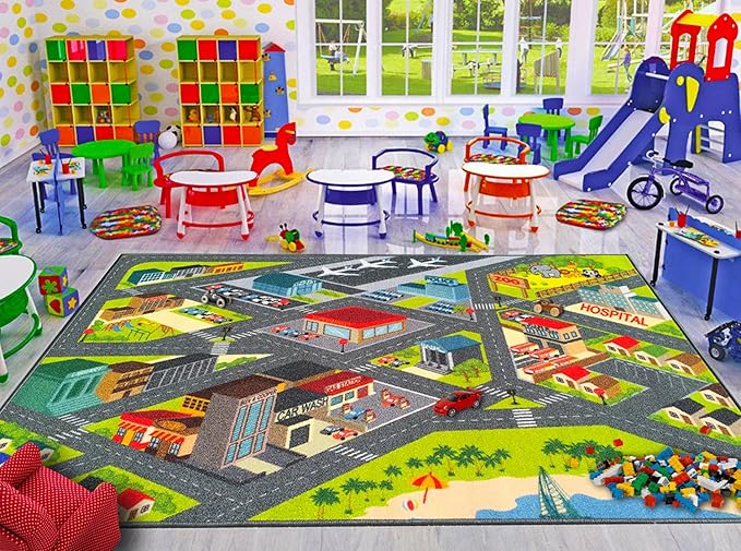 KC Cubs 3x5 City Streets Car Road Rug – Educational Non-Slip Play Mat for Kids, Toddlers, Nursery, Classroom, Playroom, Baby Daycare, Boy Girl Carpet