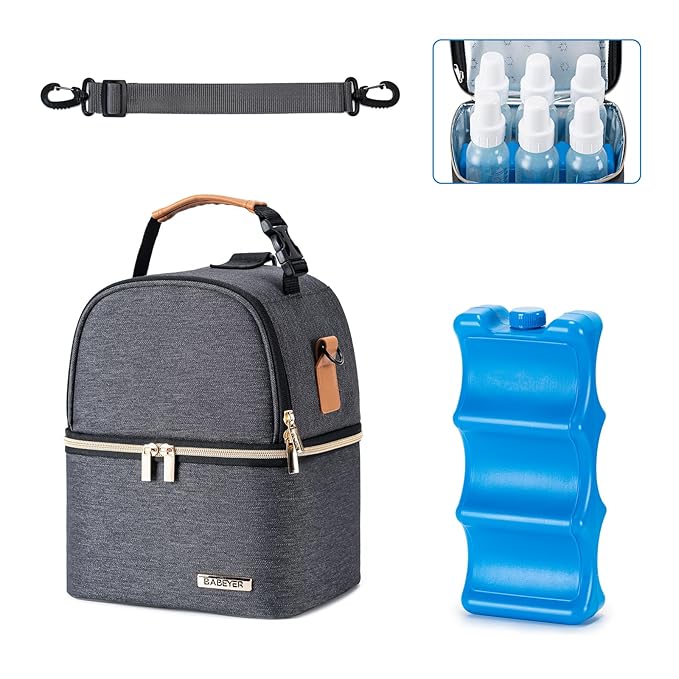 Breastmilk Cooler Bag with Ice Pack Fits 6 Baby Bottles up to 9 Ounce, Breastmilk Pump Cooler Bag with Shoulder Strap for Nursing Mom Daycare, Work, Travel- Grey