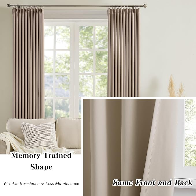 Pleated Blackout Curtain Drapes for Window 105" L - Triple Weave Vertical Energy Saving Solid Pinch Pleat Hook Room Divider Blackout Panels for Patio (72" Wide per Panel, 2 Panels, Khaki)