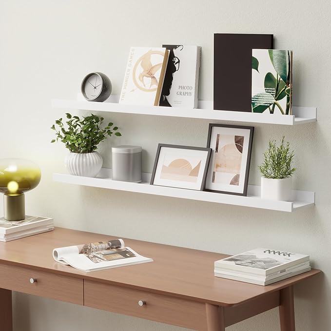 36 Inches Long Floating Shelves Wall Mounted, 2 Set Modern White Wall Shelf for Bedroom, Nursery Book Shelf with Lip, Picture Ledge Shelf for Wall Decor Living Room Bathroom Kitchen - White