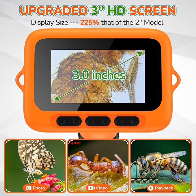 3" Screen Digital Microscope for Kids: 1000X Rechargeable Mini Pocket Portable Miniscope Magnifying Glass 4K Coin Jewelry Loupe Edu Science STEM Toy Xmas Gift 4-12 Boys Girls