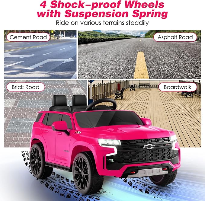 Costzon Ride on Car, 12V Licensed Chevrolet Tahoe Battery Powered Electric Vehicle w/ 2.4G Remote Control, High/Low Speed, Music, Lights, MP3/USB/FM, Spring Suspension, Electric SUV for Kids (Pink)