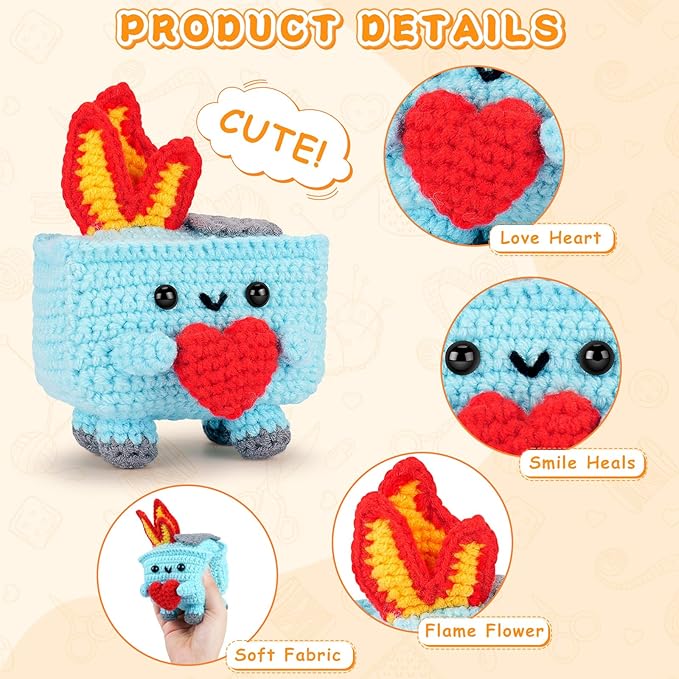 Crochet Kit for Beginners - 4PCS Dumpster Fire Complete Crochet Starter Kit with Step-by-Step Video Tutorials, Beginner Crochet Kits for Adults Kids Women, Funny Crochet Gifts