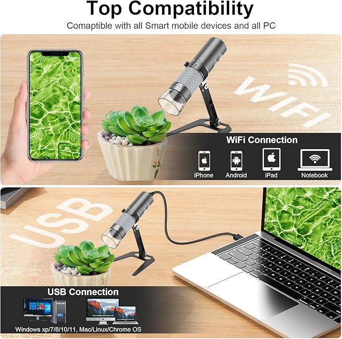 4K 3840x2160p WiFi Digital Microscope for iPhone Android Phone and Windows Mac PC, Wireless Handheld Microscope Camera, Portable Microscope with Metal Stand for Adults and Kids