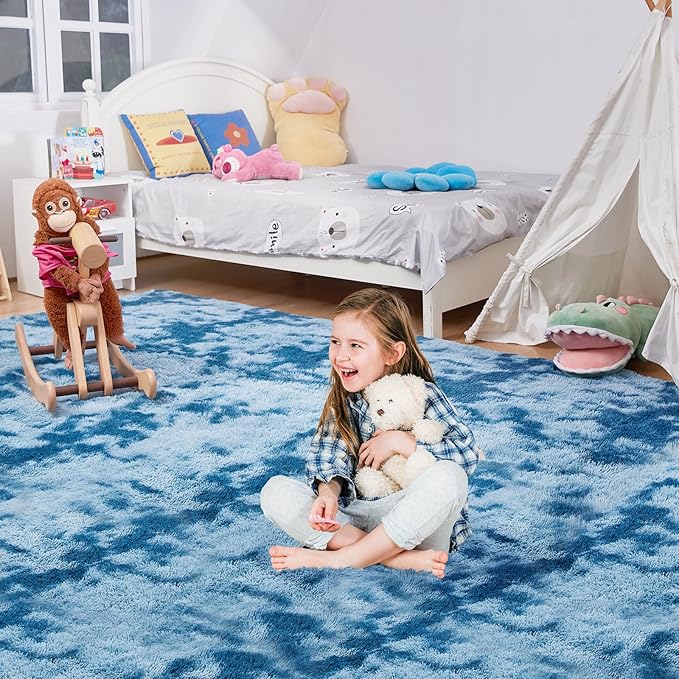 Ultra Soft Rug for Living Room, 3X5 Fluffy Shag Area Rug for Bedroom, Modern Shaggy Carpets Fuzzy Rug for Teens Dorm Nursery Home Decor Aesthetic, Upgrade Anti-Skid Durable, Tie-Dyed Blue Grey