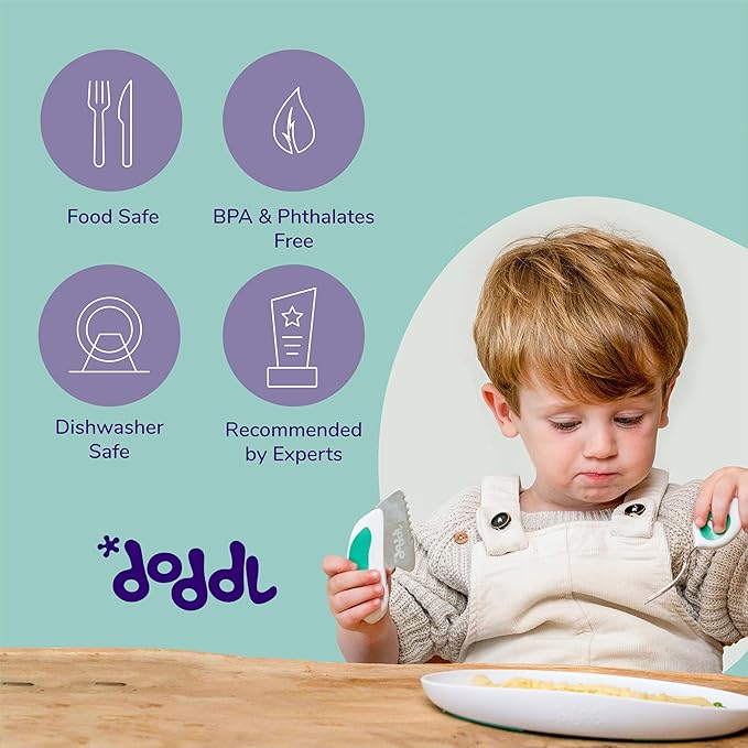 doddl Toddler Utensils, Ergonomic Fork Spoon and Knife Set for Self Feeding, Stainless Steel Silverware for 1-3 Year Olds, BPA Free, Dishwasher Safe (Indigo)