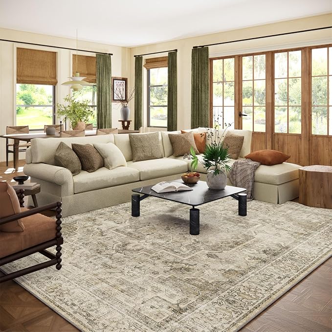 Washable Area Rugs for Living Room: 10x14 Bedroom Area Rugs Boho Vintage Rugs Stain Resistant Non Slip Low Pile Soft Lightweight Carpet for Kitchen Dining Room Farmhouse Nursery Kids Room Home Office