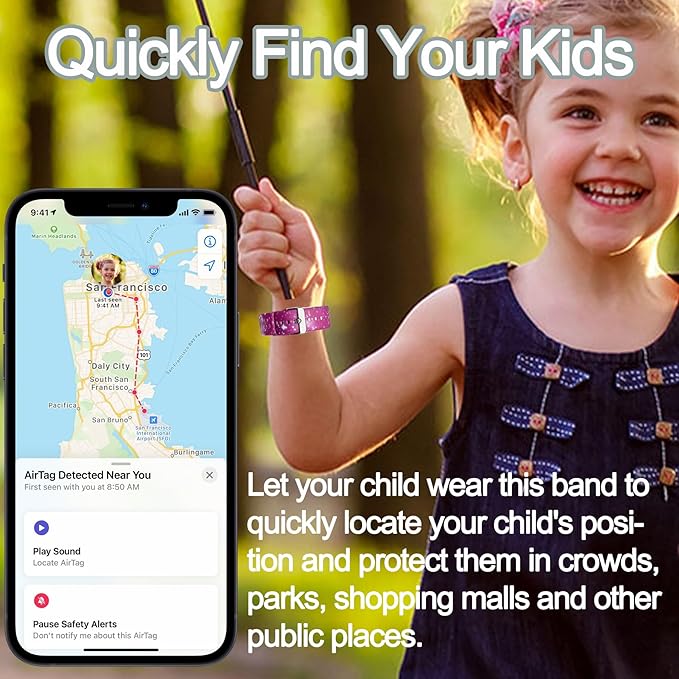 2 Pack Waterproof AirTag Bracelet for Kids, Hidden Printed Wristband for Apple Air Tag, Silicone AirTag Holder GPS Tracker Case for Band for Child Toddler, Secure Anti-Lost Protection(Pink,Purple)