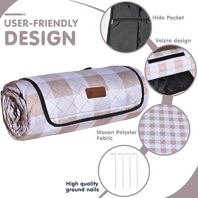 HX&OD Outdoor Picnic Blanket, Extra Large, 80''x60'' Waterproof Foldable Blankets Gingham Picnic Mat for Beach, Camping Grass Lawn Park Accessories Cute Couple Ideas Wedding (Light Brown, 80”x60”)