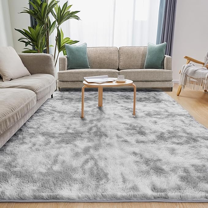 Fluffy Shag Area Rug, 4x6 Tie-Dyed Light Grey Rugs for Bedroom, Soft Plush Area Rugs for Living Room, Non-Slip Indoor Carpet for Nursery, Study Room, Dressing Room, Home Decor