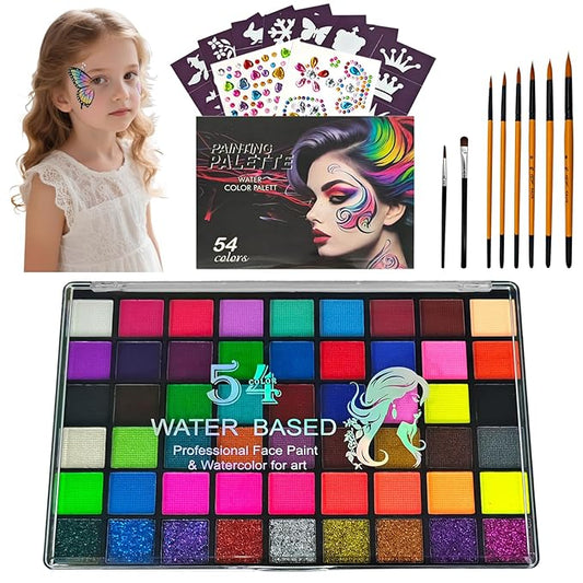 Face Painting Kit, 54 Colors Water Activated Face Paint Palette with Stencils, Brushes, Gems for Halloween Makeup, Parties, Carnival, School Event & Festivals