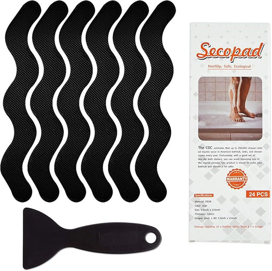 Patented Anti Slip Shower Stickers 24 PCS Safety Bathtub Strips Adhesive Decals with Premium Scraper for Bath Tub Shower Stairs Ladders Boats (Black)