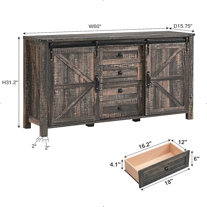 T4TREAM 60'' Farmhouse Dresser Chests for Bedroom w/4 Drawers & Sliding Barn Doors, Wide Dresser TV Stand, Tall Chest of Drawers, Rustic Dresser Organizer for Bedroom, Living Room, Dark Rustic Oak