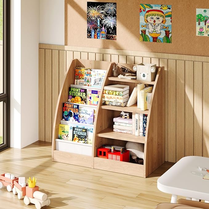 4 Tier Kids Bookshelf,4 Layer Sling Kids Book Shelf for Kids Rooms,Wood Children Bookcase,Baby Storage Book Rack,Toddler Bookshelf, Book and Toy Organizer,Book Display Shelf for Bedroom, Nursery