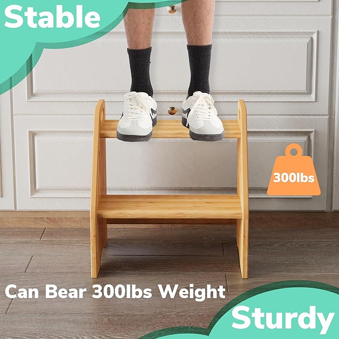 AMBIRD Wooden Step Stool, 15.75'' H Potty Training Toddler 300 lbs Capacity with Safety Non-Slip Pads and Handles, Kitchen Step Stools for Kids, Bamboo Step Stool for Bathroom, High Beds (Natural)