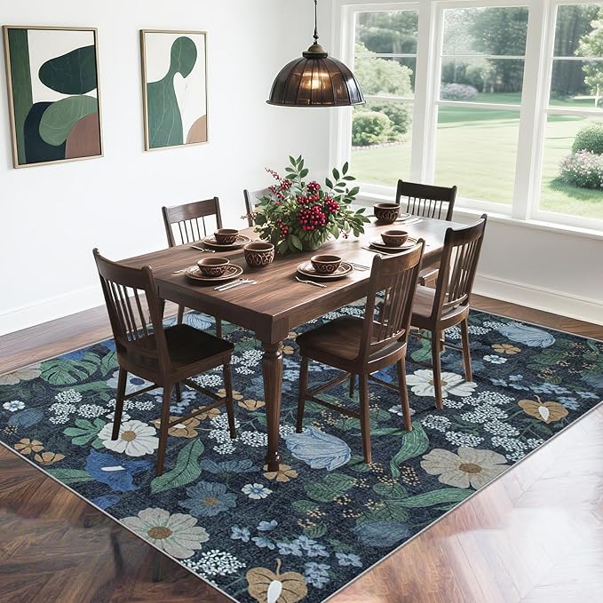 9x12 Area Rug for Living Room: Vintage Floral Washable Rug Soft Boho Non Slip Carpet Large Indoor Floor Non Shedding Low Pile Thin Carpets for Bedroom Dining Room Farmhouse Nursery Home Office Blue