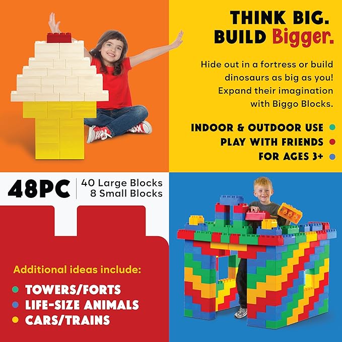 Big Blocks for Kids Ages 4-8 — Indoor & Outdoor Blocks Kids Games — Yellow Large Building Blocks - 48pc