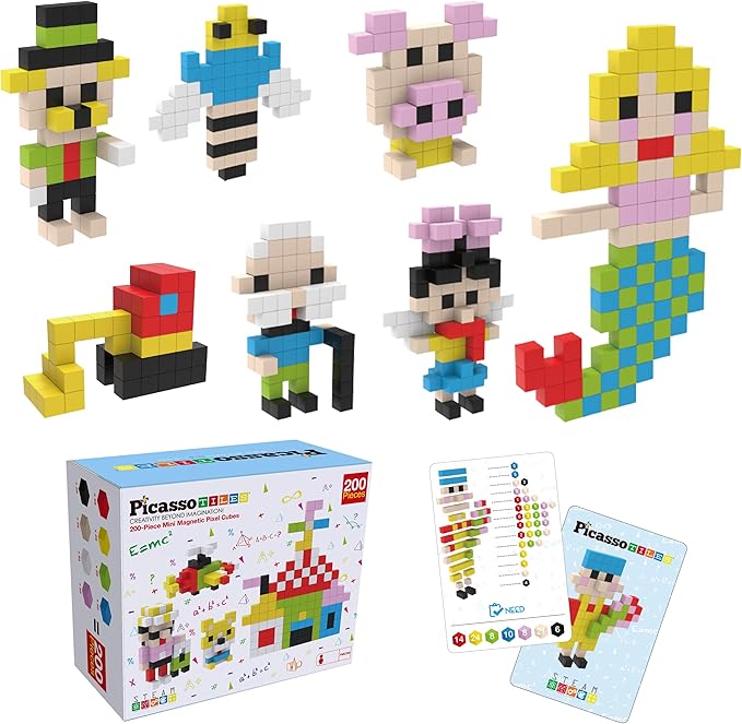 Picasso Cubes 0.5” Pixel Magnetic Puzzle Cube 200 Piece Mix & Match Sensory Toys STEAM Education Learning Building Block Magnets Children Construction Toy Set Stacking Magnet Creative Kit PMC200