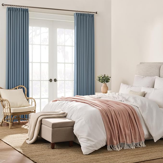 KEQIAOSUOCAI Extra Wide Dusty Blue Pinch Pleated Curtains 100 x 90, Thermal Insulated Noise Cancelling Living Room Drapes 90 inches Long, Patio Sliding Glass Door Window Curtain 2 Panels