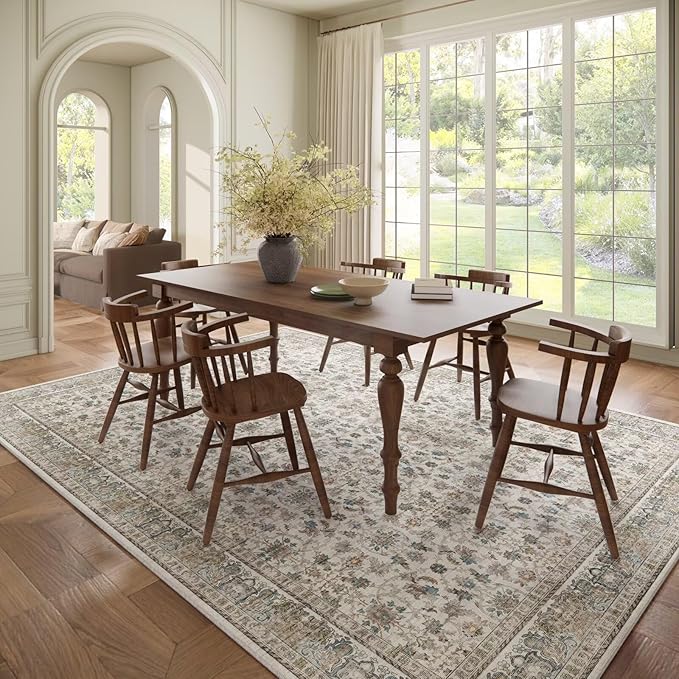 Washable 8x10 Area Rugs for Living Room, Boho Non-Slip Silicone Backing Rugs for Bedroom Dining Room Nursery Office, 0.3" Neutral Oriental Throw Carpet with 0.16" Cushioning Pad, Cream/Multi