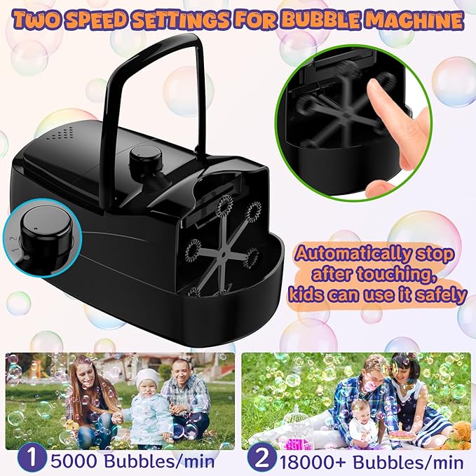 Bubble Machine, Automatic 18000+ Per Minute Big Bubbles Blower Maker for Kids Toddlers with 2 Speeds,6 Wands,Operated by Plugin or Batteries for Outdoor/Indoor Birthday Parties,Wedding (Black)