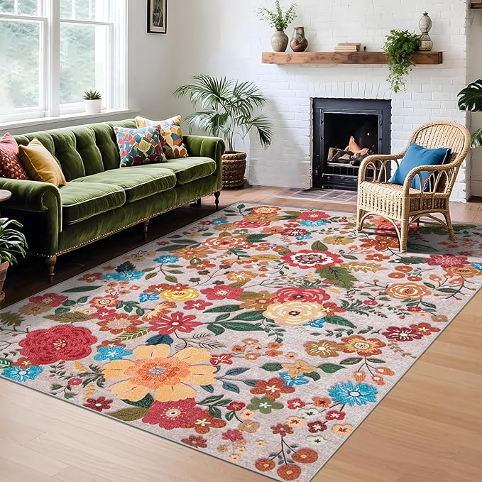 Area Rug Living Room Rugs: 6x9 Washable Rug Vintage Floral Soft Boho Non Slip Carpet Indoor Floor Non Shedding Low Pile Thin Carpets for Bedroom Dining Room Farmhouse Nursery Home Office Beige