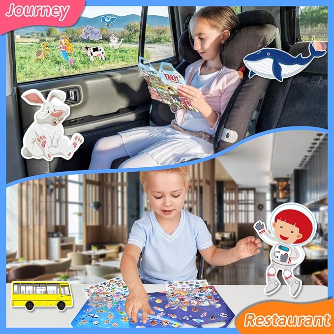 6 Set (260pcs) Puffy Sticker Books Activity for Kids, Animal, Farm, Dinosaurs, Space, Vehicle, Ocean, 3D Reusable Stickers for Boys and Girls, Travel Sticker Books for Kids Ages 3+