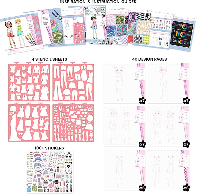 Fashion Angels Fashionista Sketch Set, Includes Sketch Pad with Stencils & Stickers, Fashion Design Sketch Book for Girls, Ideal Drawing Kit for Kids