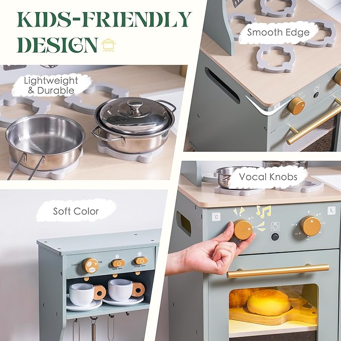 ROBOTIME Play Kitchen for Kids Toddlers, Wooden Pretend Play Kitchen Set Toy with Fridge, Ice Maker, Coffee Maker, Toys Kitchen Gift for 3+ Year Old Kids, Girls & Boys