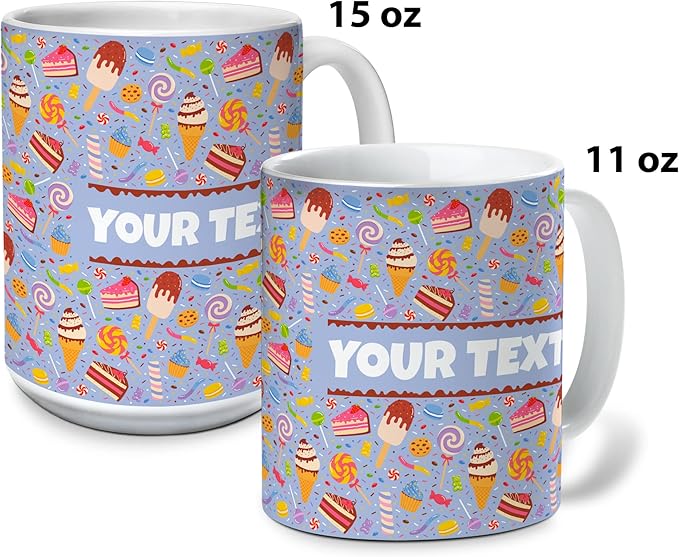 Personalized Mug for Kids - Sweets - Custom Name/Text, Ceramic Hot Chocolate/Cocoa/Coffee Cup for Boys/Girls, Birthday/Christmas/Holiday Gift - 11 oz, Light Blue Handle