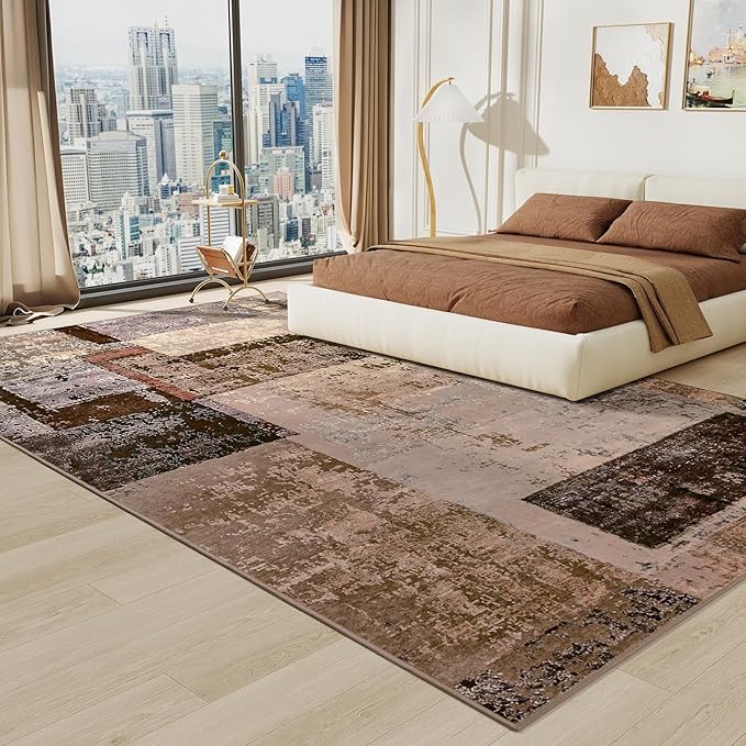 LOCHAS Rug for Living Room, Washable Soft Area Rugs for Bedroom 8x10, Abstract Carpet for Indoor Office Kids Dining Room Nursery Floor, Brown Geometric Vintage Home Decor, Non Slip, Pet Child Friendly