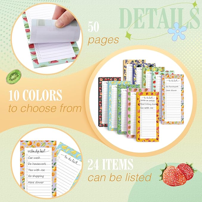 Censen 10 Pack 500 Sheets To Do List Notes Daily Checklist Notepads with 50 Sheets Each Undated Color Memo Pad Block Shopping List Pad Weekly Plan Notepad Organizer Planners(Fruit Color,Lined)