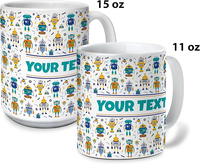 Personalized Mug for Kids - Robots - Custom Name/Text, Ceramic Hot Chocolate/Cocoa/Coffee Cup for Boys, Birthday/Christmas/Holiday Gift - 15 oz, Navy Blue Handle