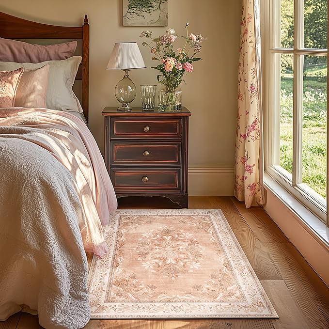 jinchan Vintage Floral 3x5 Area Rugs for Entryway - Machine Washable Distressed Design Ultra-Thin Low-Pile Soft Non-Shedding Carpet for Kitchen Bedroom Entrance Laundry Living Room (3x5ft,Coral Pink)