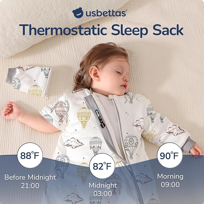Baby Sleep Sack 18-24 Months, Cotton Detachable Long Sleeve Sleep Sack, 1.0 Tog Toddler Sleeping Sack with Temperature Strips, 2-Way Zipper Wearable Blankets for Newborns, Hot Air Balloon