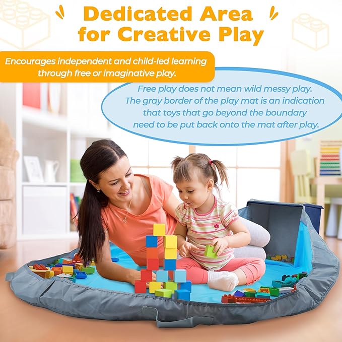 SAM AND MABEL Toy Storage Organizer with Play Mat for Kids – 13" x 13" x 13" Storage Box, Stackable and Foldable Cubby Baskets for Playroom, Nursery Bins for Boys and Girls (Noble Blue)