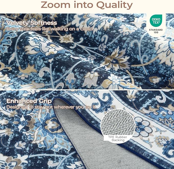Blue 9x12 Area Rugs for Living Room, Washable Large Rug, Vintage Floral Soft Carpet, Non Slip & Low Pile, Wool Carpets for Indoor Bedroom Dining Home Playroom Office Under Table, Blue Garden