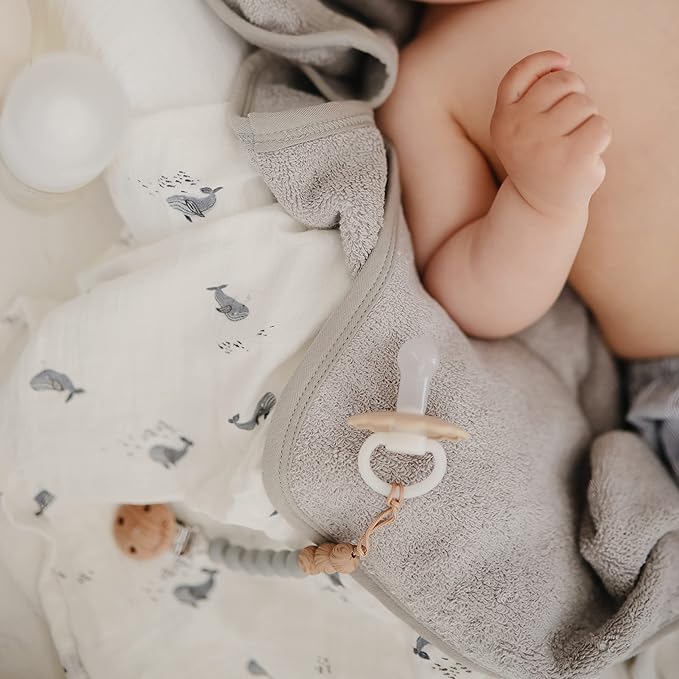 FRIGG Daisy Night SilkySoft Silicone Baby Pacifier | Made in Denmark | BPA-Free (French Gray/Croissant, 6-18 Months)