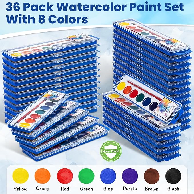36 Pack Watercolor Paint Set, Washable Watercolor Paint Bulk for Kids, Water Color Paint with Paint Brushes, Ideal Gifts for Party Favors, School Supplies & Classroom Prizes, Art Activities, 8 Colors
