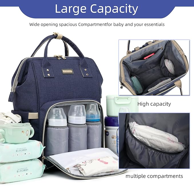 Diaper Bag Backpack, Diaper Bags for Baby Girls Boys, Baby Bags for Moms Dads, Nappy Changing Bag with Insulated Pockets,Multi-functional Waterproof Backpack with Stroller straps-Blue