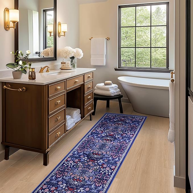 Runner Rug for Entryway: 2.6x8 Kitchen Rugs Non Slip Washable Ultra-Thin Soft Floral Carpet Indoor Floor Stain Resistant Carpets for Hallway Bedroom Kitchen Laundry Bathroom Dorm Blue
