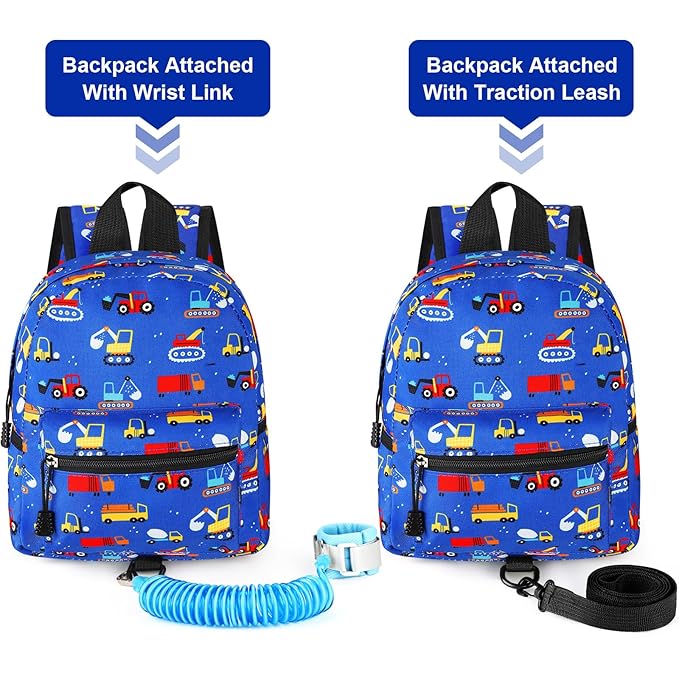 Accmor Toddler Backpack Leash with Anti Lost Wrist Link, Cute Mini Child Walking Harnesses Keep Kids Close Back Pack Rope Tether Rein for Baby Boys (Blue/Excavator)