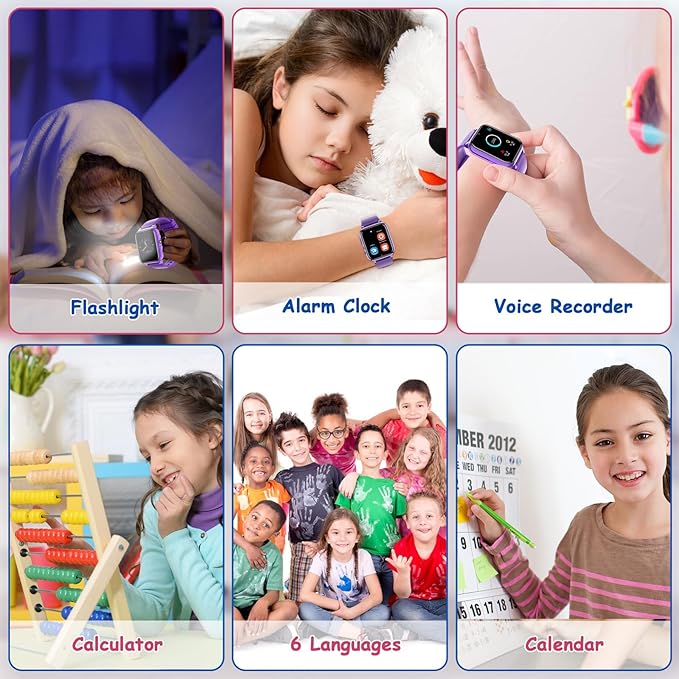 Goodatech 1.69'' Kids Smart Watch for Kids Boys Girls, HD Camera,26 Puzzle Games,Video Music Player,Pedometer,Flashlight,Alarm Clock, Christmas Birthday Gifts for 4-12 Years Children (Purple)